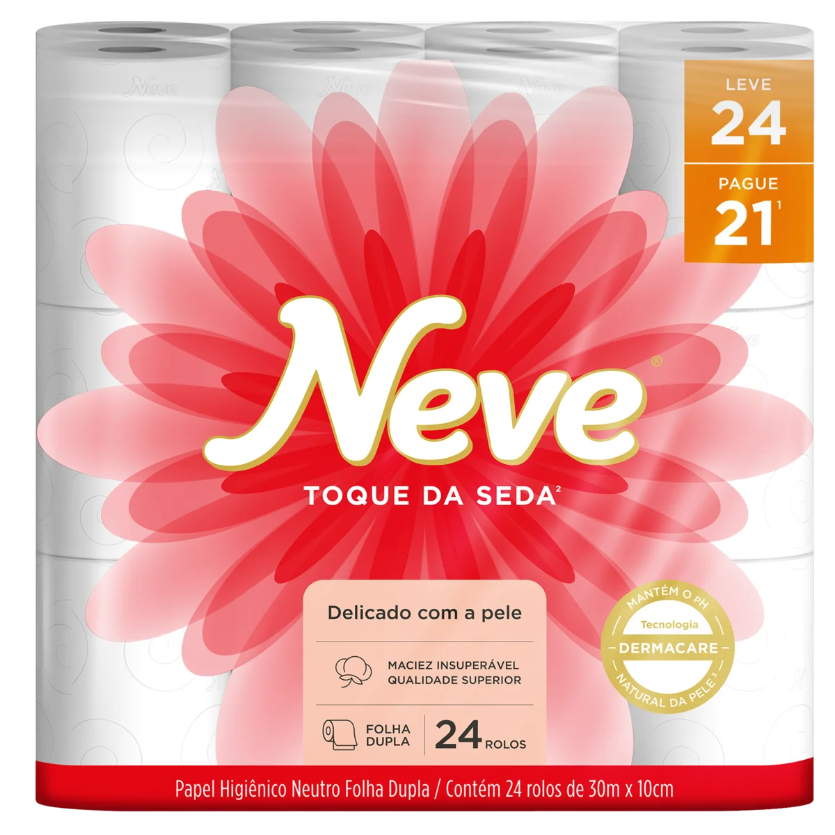 Papel Higiênico Folha Dupla Neutro Neve Toque da Seda 30m Pacote Leve 24 Pague 21 Unidades
